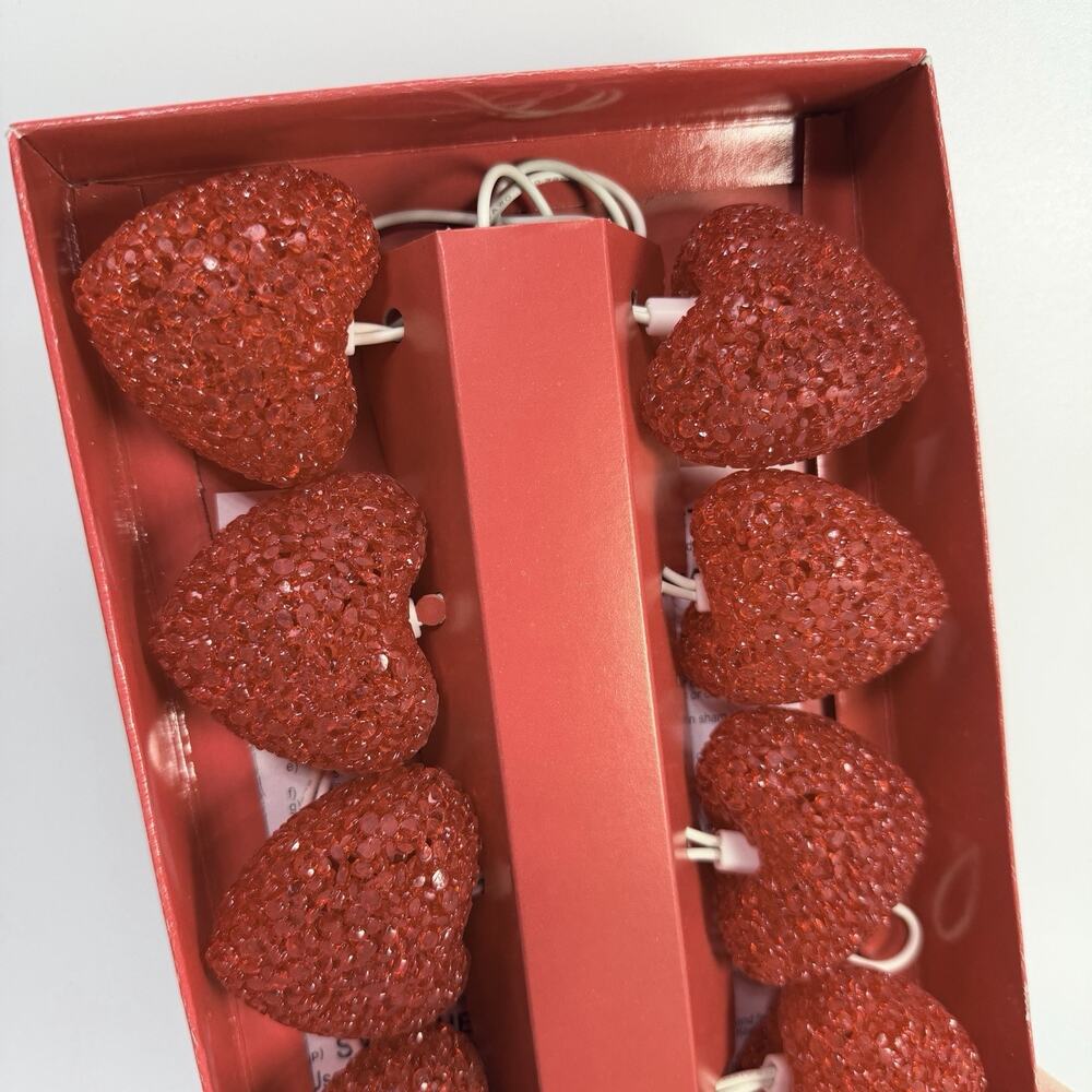 Vtg Red Hearts Garland String Lights 10Melted Plastic Popcorn 2" Valentine NEW